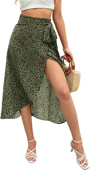 Newchoice Women's Boho Leopard Skirt High Low Split Summer Beach Midi Wrap Skirts