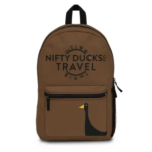 Nifty Ducks Travel Logo Backpack - Travel Bag with Black Duck Design - Brown