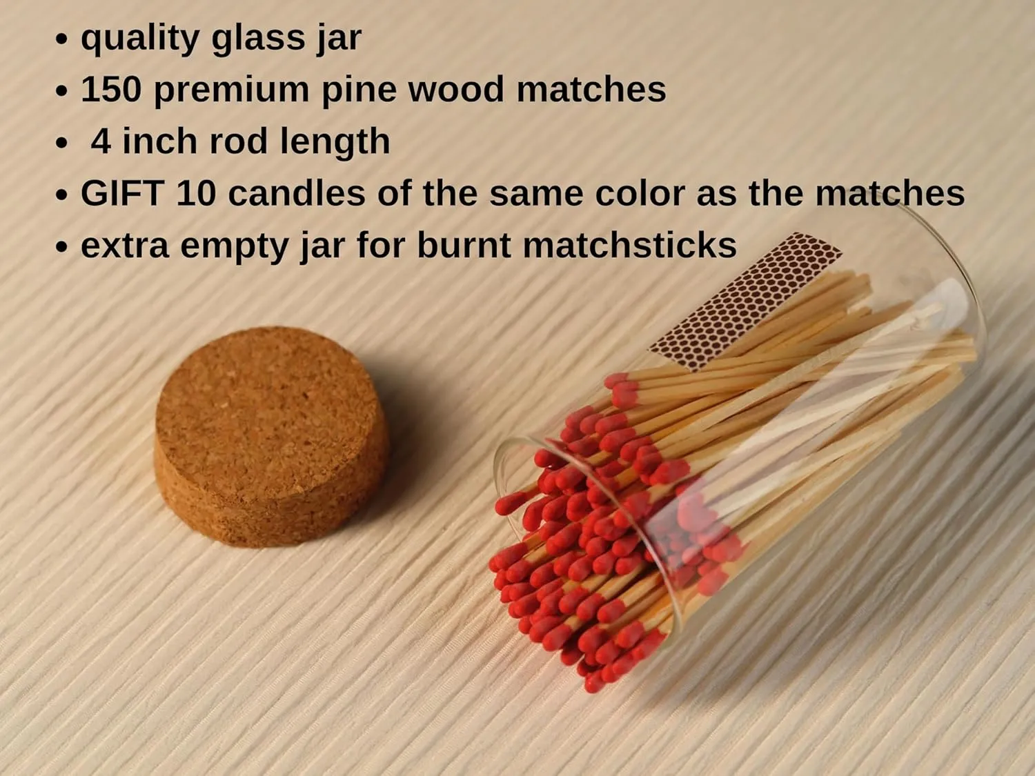 Noblesse Colored Safety Matches | 4-Inch Long Matches in Glass Jar | Perfect for Lighting Candles | 150 Pıeces | 10 Candles And Extra Empty Jar Gıft (RED)
