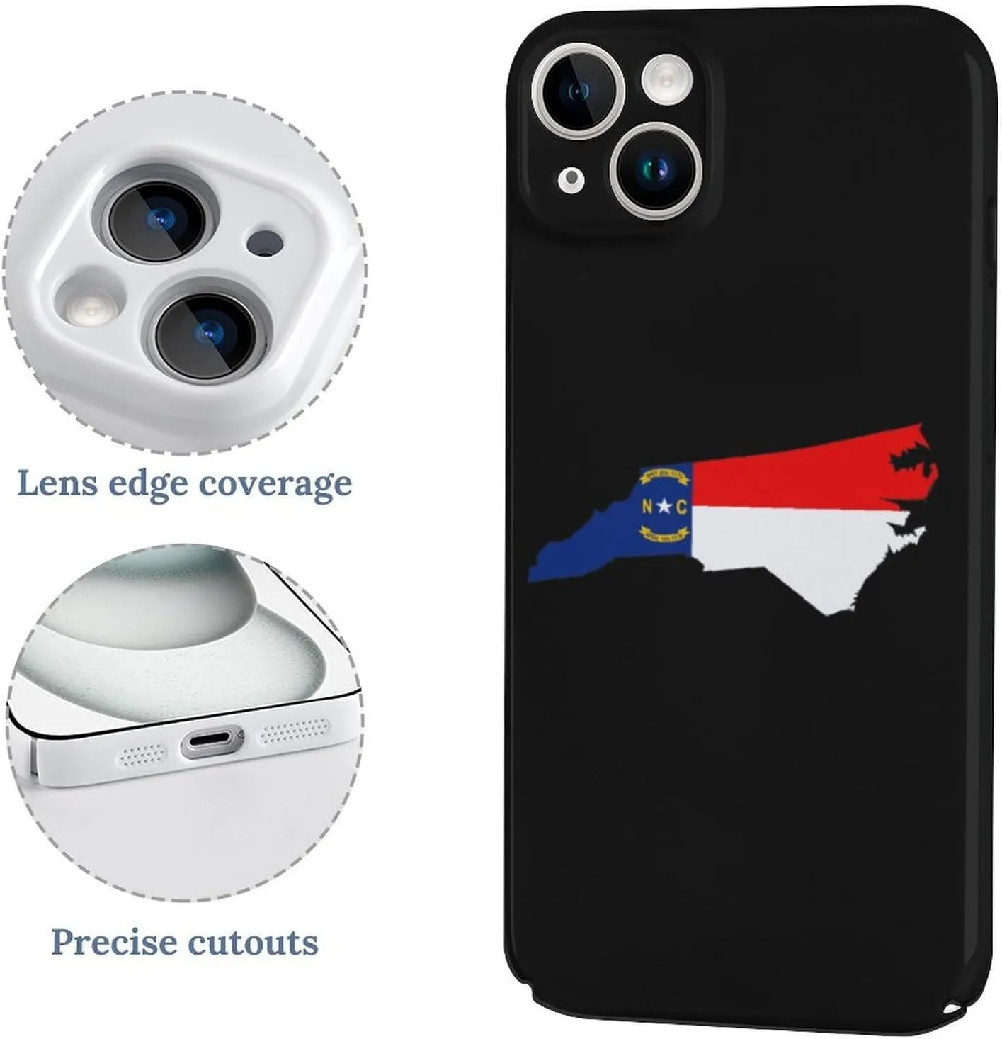 North Carolina State Flag Map Shockproof Scratch PC Phone Cover Compatible with iPhone 15 Plus Pro Pro Max Slim Case