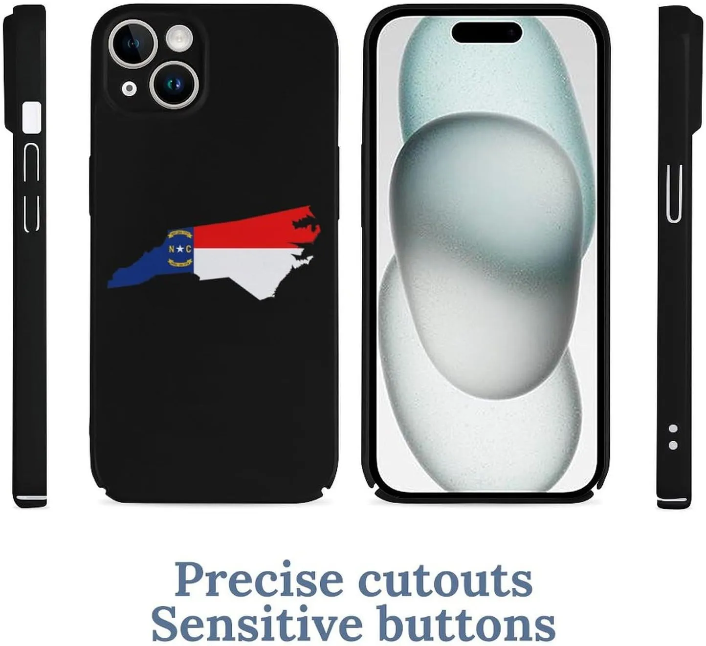North Carolina State Flag Map Shockproof Scratch PC Phone Cover Compatible with iPhone 15 Plus Pro Pro Max Slim Case