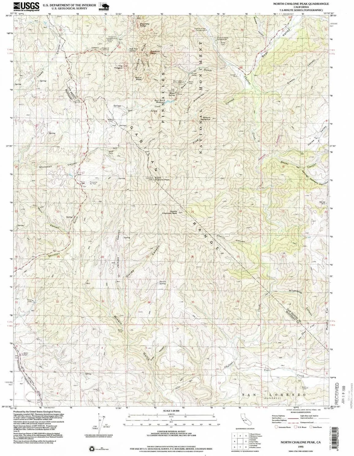 North Chalone Peak CA topo map, 1:24000 Scale, 7.5 X 7.5 Minute, Historical, 1995, Updated 1999, 26.8 x 22 in