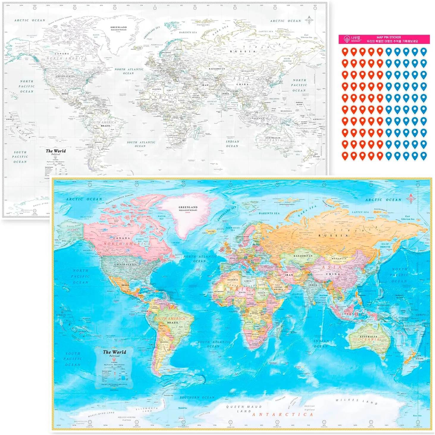 NOWMAP Waterproof Double-Sided World Map Poster - 24h x 36w Large Wall Decor - Folded Edition with (Pin Stickers)