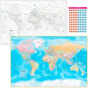 NOWMAP Waterproof Double-Sided World Map Poster - 24h x 36w Large Wall Decor - Folded Edition with (Pin Stickers)