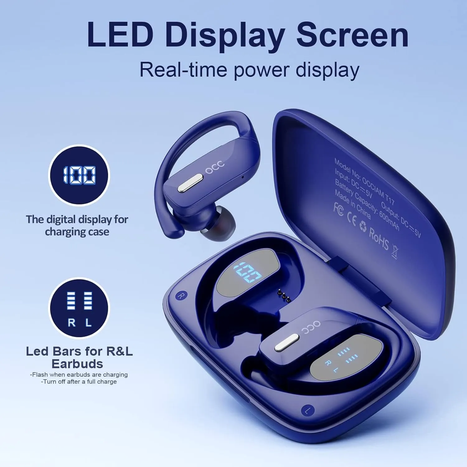 occiam Wireless Earbuds Bluetooth Headphones 48H Play Back Earphones in Ear Waterproof with Microphone LED Display for Sports Running Workout Blue