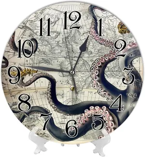 Ocean Battery Operated Wall Clock World Map Kraken Octopus Monster Nautical Vintage Coastal Sailing Adventure Ivory PVC Non Ticking Decorative Living Room Bathroom Frameless Wall Clock 10x10 Inch