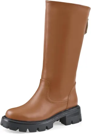 Oh Mispares Lug Sole Mid-calf High Boots for Women Extra Wide Calf Chunky Round Toe Knee High Chic Riding Boots Zipper Adjustable Calf Fashion Boots 2 Inches