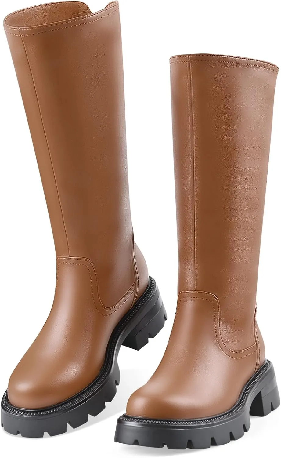 Oh Mispares Lug Sole Mid-calf High Boots for Women Extra Wide Calf Chunky Round Toe Knee High Chic Riding Boots Zipper Adjustable Calf Fashion Boots 2 Inches