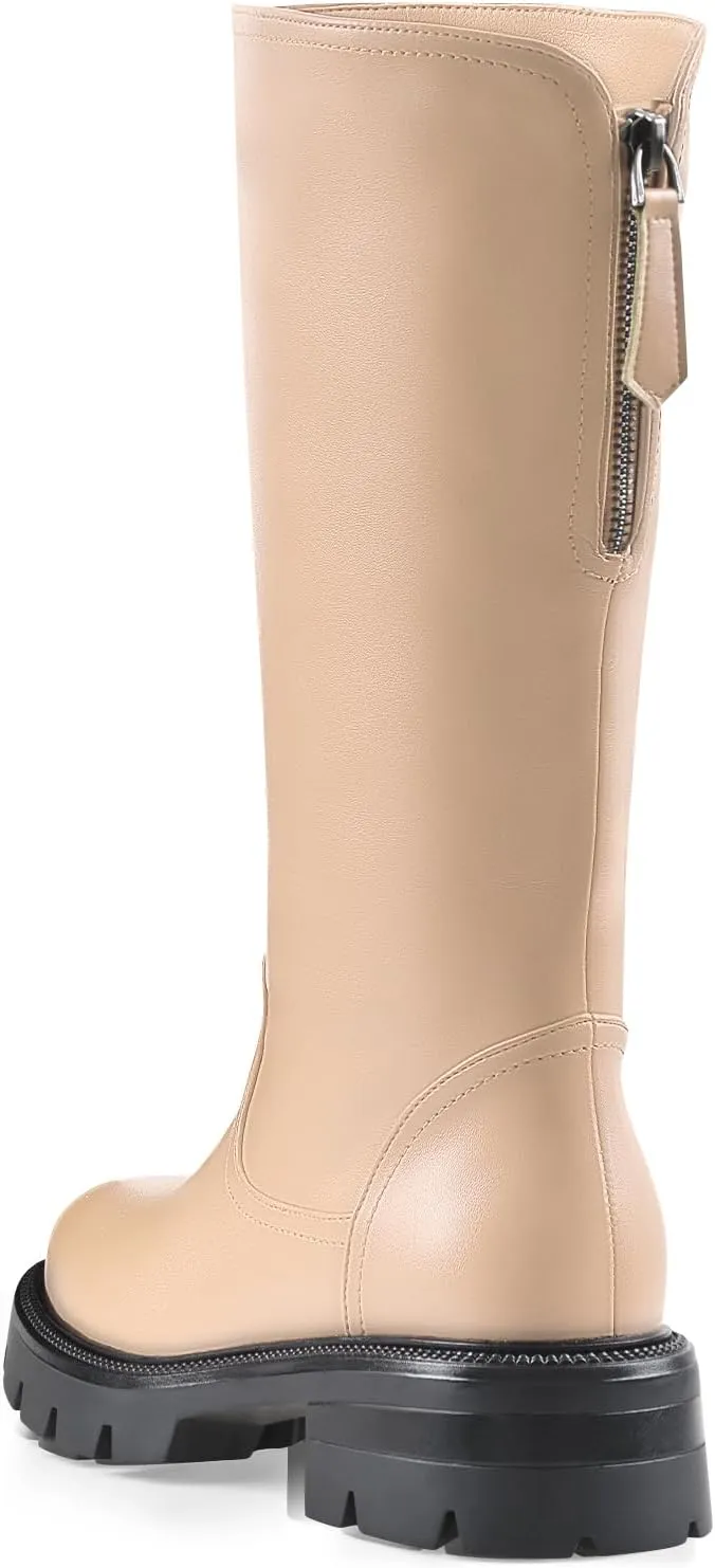 Oh Mispares Lug Sole Mid-calf High Boots for Women Extra Wide Calf Chunky Round Toe Knee High Chic Riding Boots Zipper Adjustable Calf Fashion Boots 2 Inches