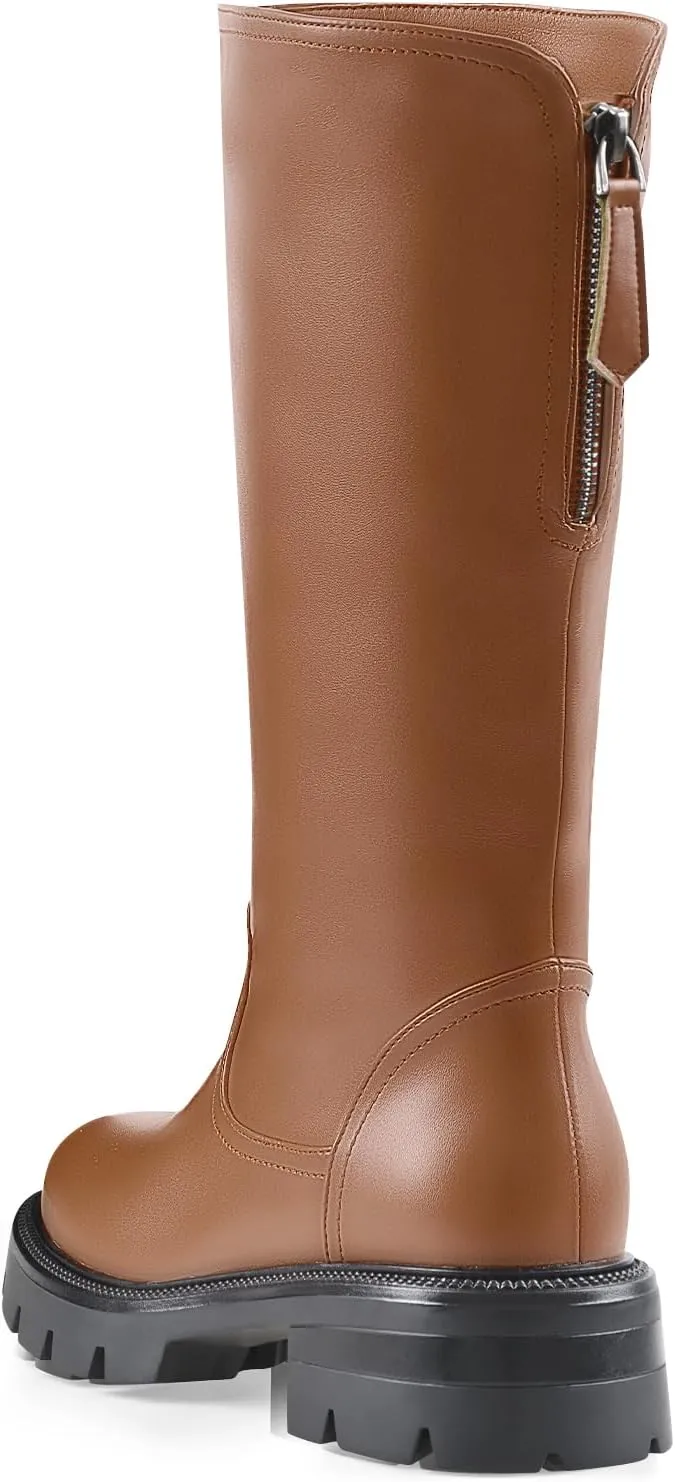 Oh Mispares Lug Sole Mid-calf High Boots for Women Extra Wide Calf Chunky Round Toe Knee High Chic Riding Boots Zipper Adjustable Calf Fashion Boots 2 Inches