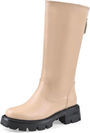 Oh Mispares Lug Sole Mid-calf High Boots for Women Extra Wide Calf Chunky Round Toe Knee High Chic Riding Boots Zipper Adjustable Calf Fashion Boots 2 Inches