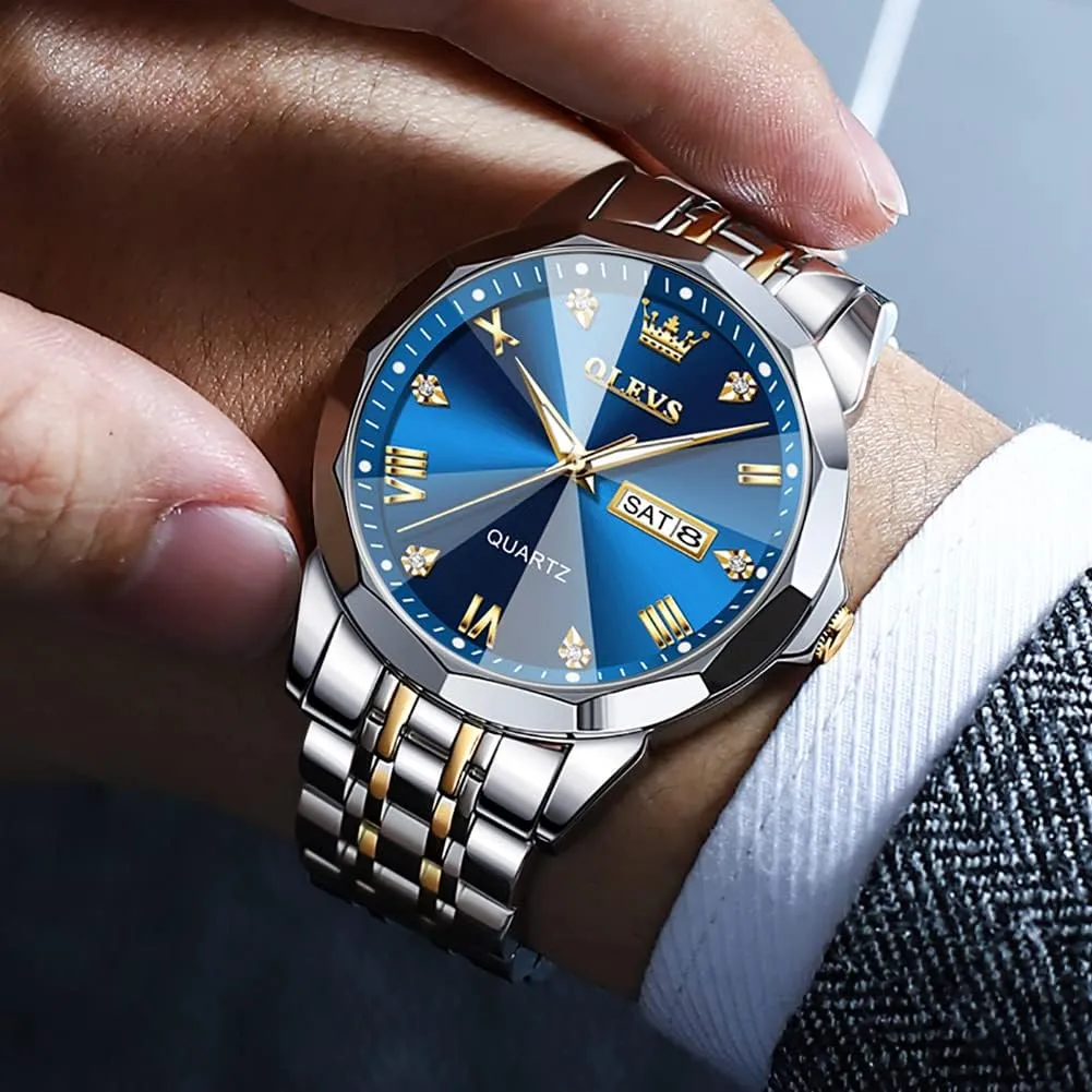 OLEVS Men Watches Business Dress Diamond Analog Quartz Date Luxury Wrist Watch Casual Stainless Steel Waterproof Luminous Two Tone Watch for Men