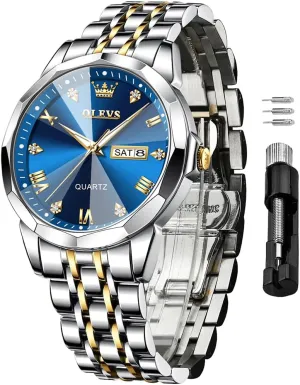 OLEVS Men Watches Business Dress Diamond Analog Quartz Date Luxury Wrist Watch Casual Stainless Steel Waterproof Luminous Two Tone Watch for Men