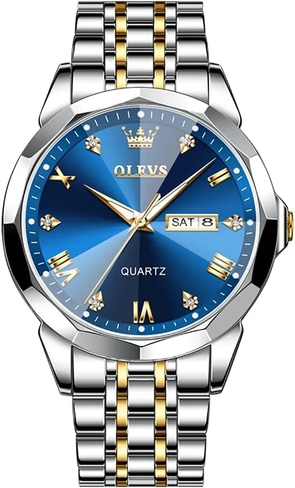 OLEVS Men Watches Business Dress Diamond Analog Quartz Date Luxury Wrist Watch Casual Stainless Steel Waterproof Luminous Two Tone Watch for Men