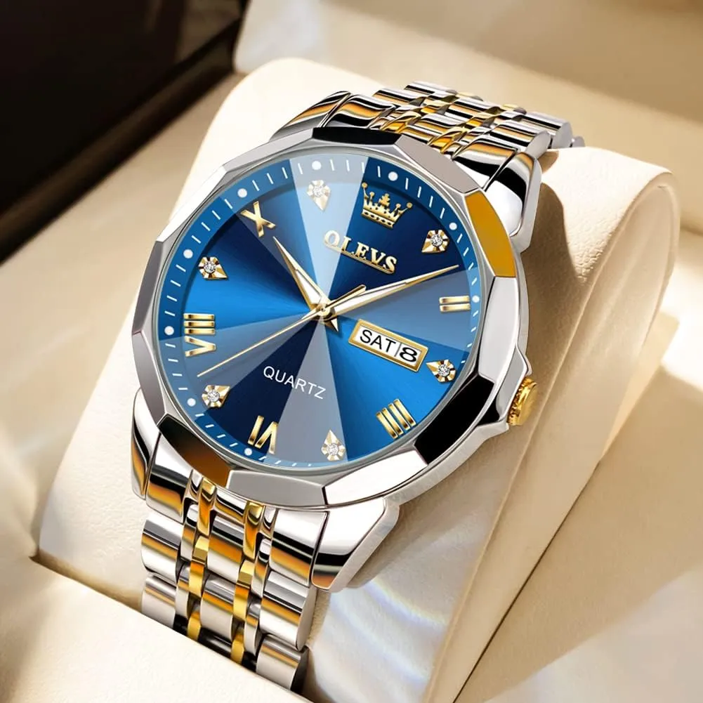 OLEVS Men Watches Business Dress Diamond Analog Quartz Date Luxury Wrist Watch Casual Stainless Steel Waterproof Luminous Two Tone Watch for Men