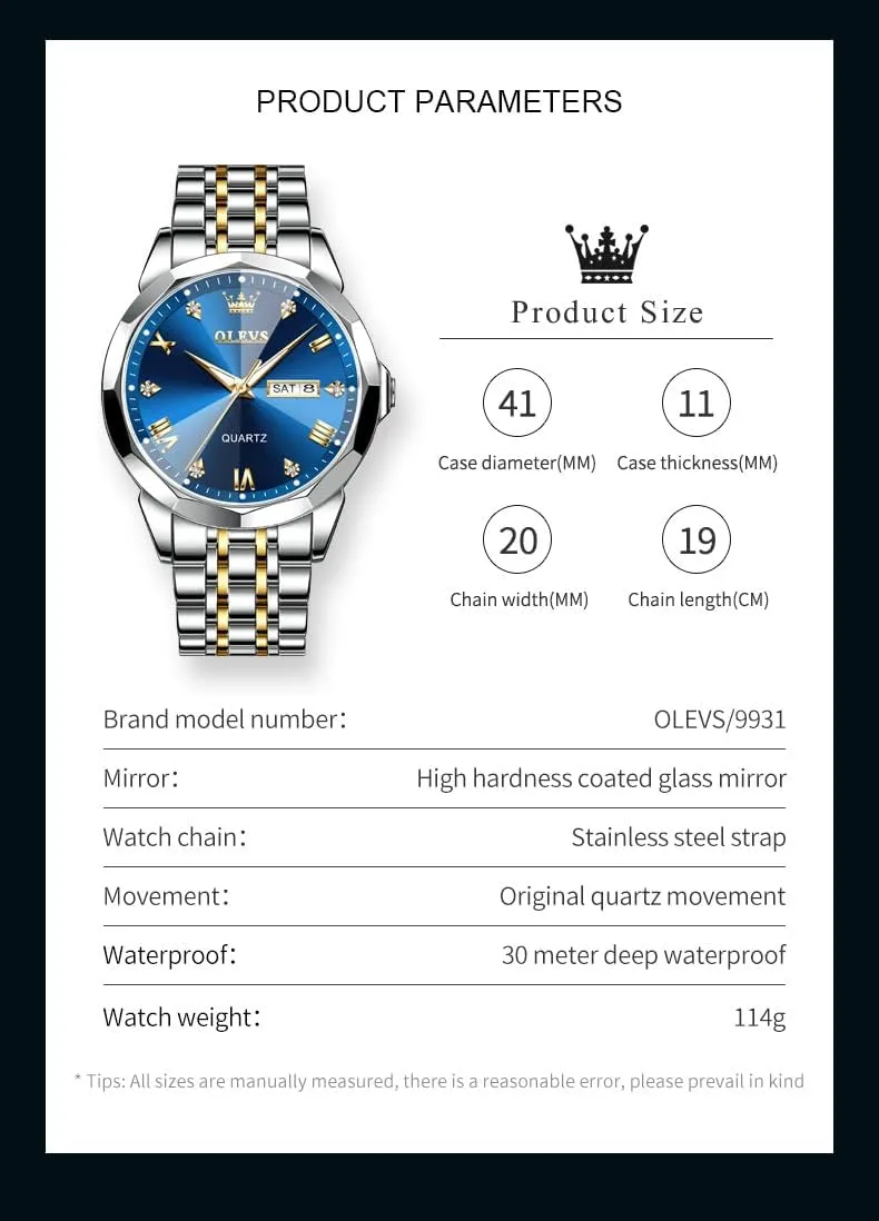 OLEVS Men Watches Business Dress Diamond Analog Quartz Date Luxury Wrist Watch Casual Stainless Steel Waterproof Luminous Two Tone Watch for Men