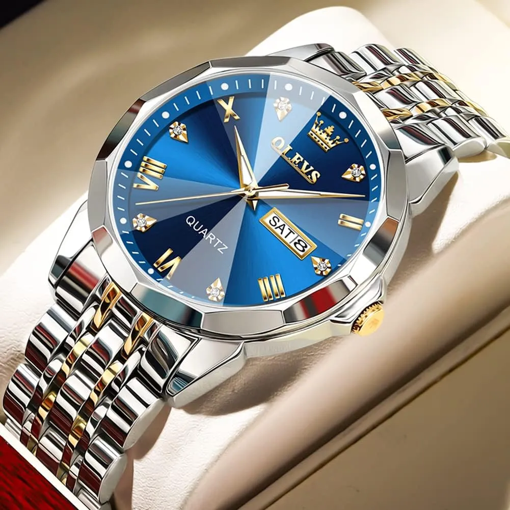 OLEVS Men Watches Business Dress Diamond Analog Quartz Date Luxury Wrist Watch Casual Stainless Steel Waterproof Luminous Two Tone Watch for Men