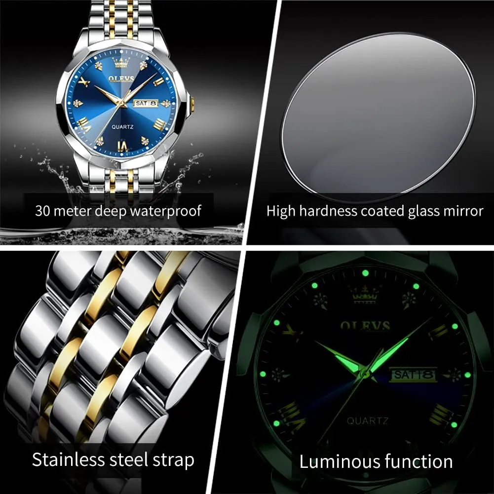 OLEVS Men Watches Business Dress Diamond Analog Quartz Date Luxury Wrist Watch Casual Stainless Steel Waterproof Luminous Two Tone Watch for Men