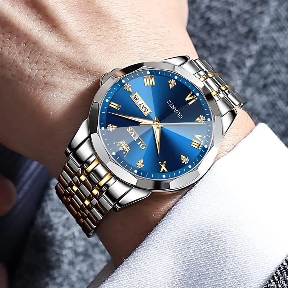 OLEVS Men Watches Business Dress Diamond Analog Quartz Date Luxury Wrist Watch Casual Stainless Steel Waterproof Luminous Two Tone Watch for Men