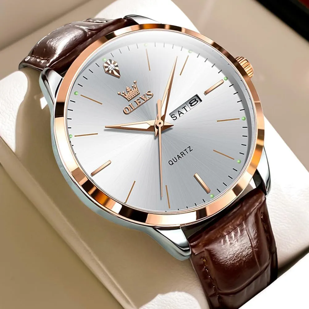OLEVS Mens Watches, Dress Waterproof Classic Analog Casual Luxury Wrist Watch for Men with Date, Easy to Read Relojes para Hombres Male Quartz Wristwatch with Brown Black Leather Band Blue Black Dial