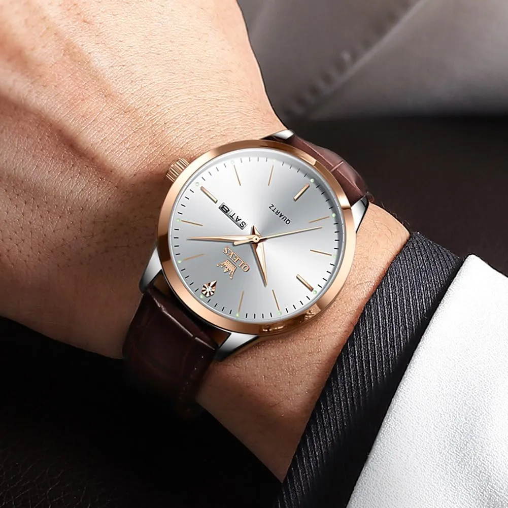 OLEVS Mens Watches, Dress Waterproof Classic Analog Casual Luxury Wrist Watch for Men with Date, Easy to Read Relojes para Hombres Male Quartz Wristwatch with Brown Black Leather Band Blue Black Dial