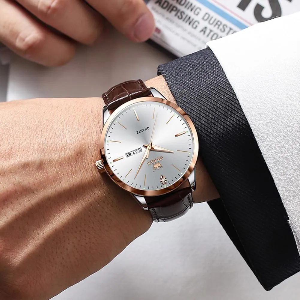 OLEVS Mens Watches, Dress Waterproof Classic Analog Casual Luxury Wrist Watch for Men with Date, Easy to Read Relojes para Hombres Male Quartz Wristwatch with Brown Black Leather Band Blue Black Dial