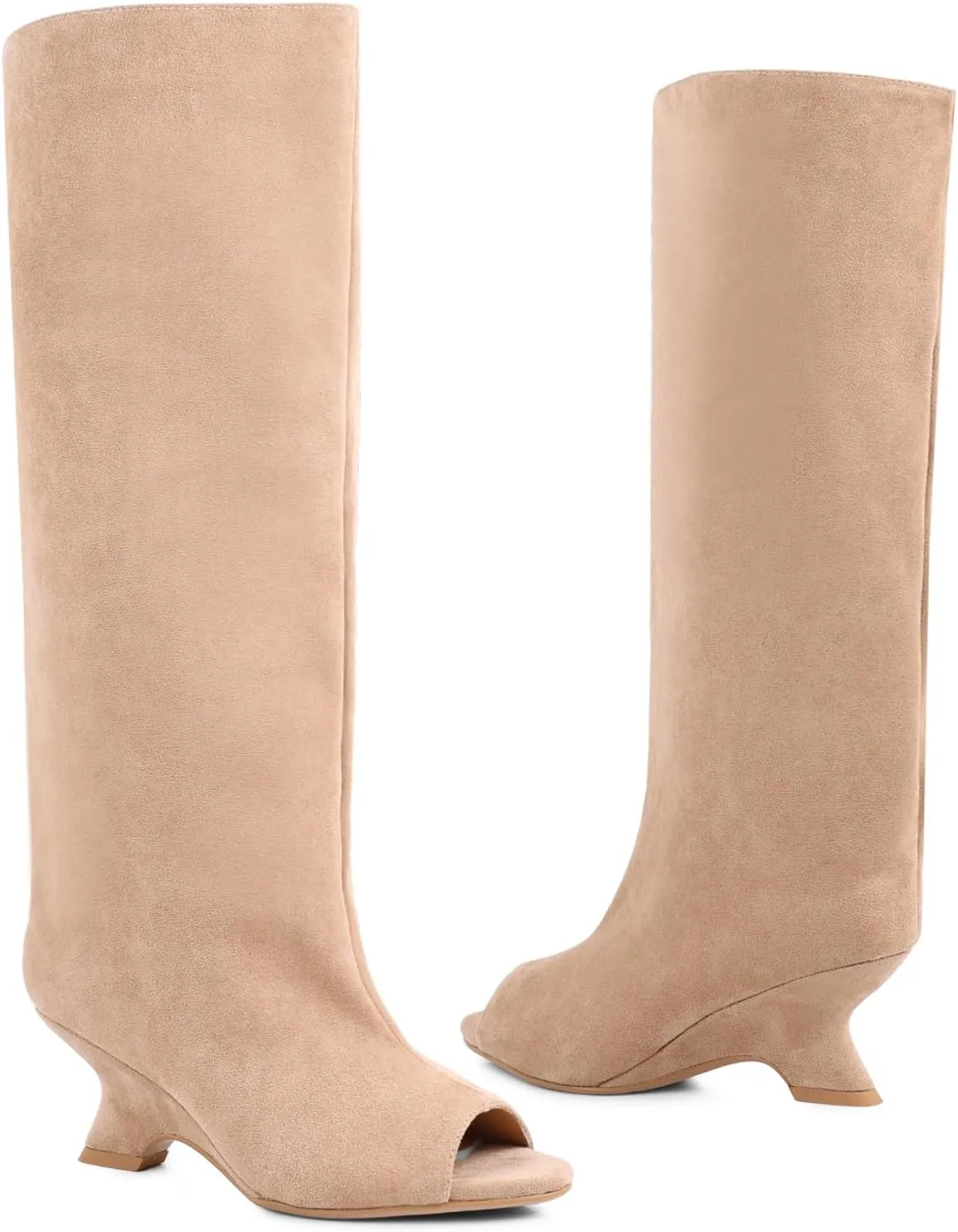 Open Toe Knee High Boots for Women Suede Wide Calf Peep Toe Wedge Heels Slouchy Tall Boots Pull On High Heel Long Booties