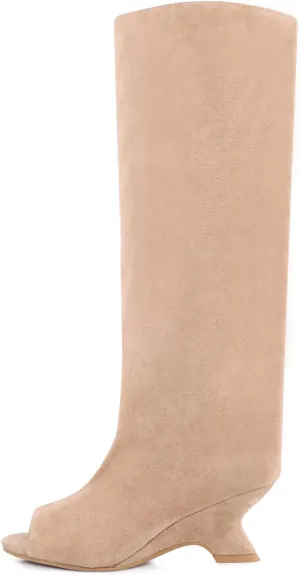 Open Toe Knee High Boots for Women Suede Wide Calf Peep Toe Wedge Heels Slouchy Tall Boots Pull On High Heel Long Booties