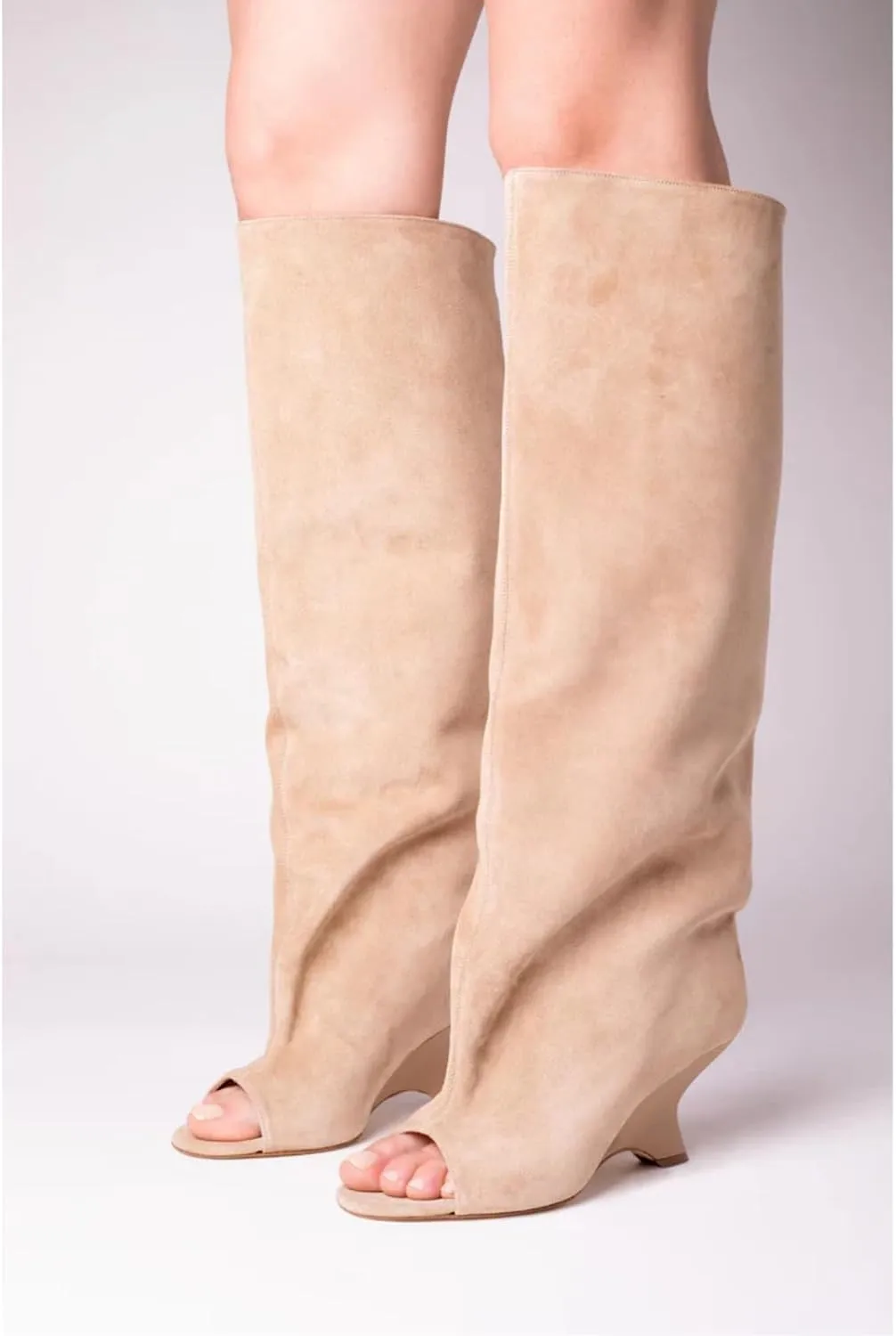 Open Toe Knee High Boots for Women Suede Wide Calf Peep Toe Wedge Heels Slouchy Tall Boots Pull On High Heel Long Booties