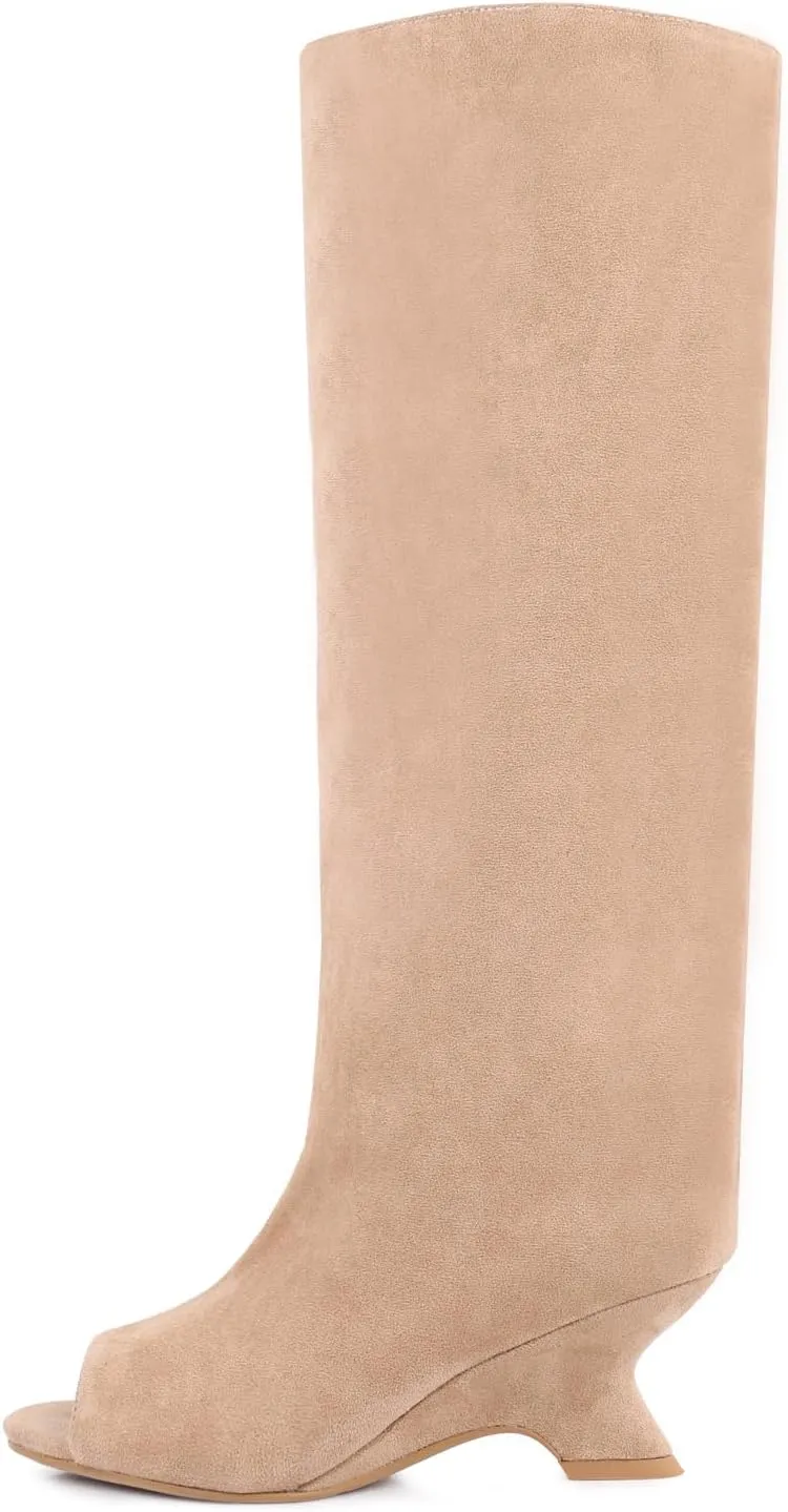 Open Toe Knee High Boots for Women Suede Wide Calf Peep Toe Wedge Heels Slouchy Tall Boots Pull On High Heel Long Booties