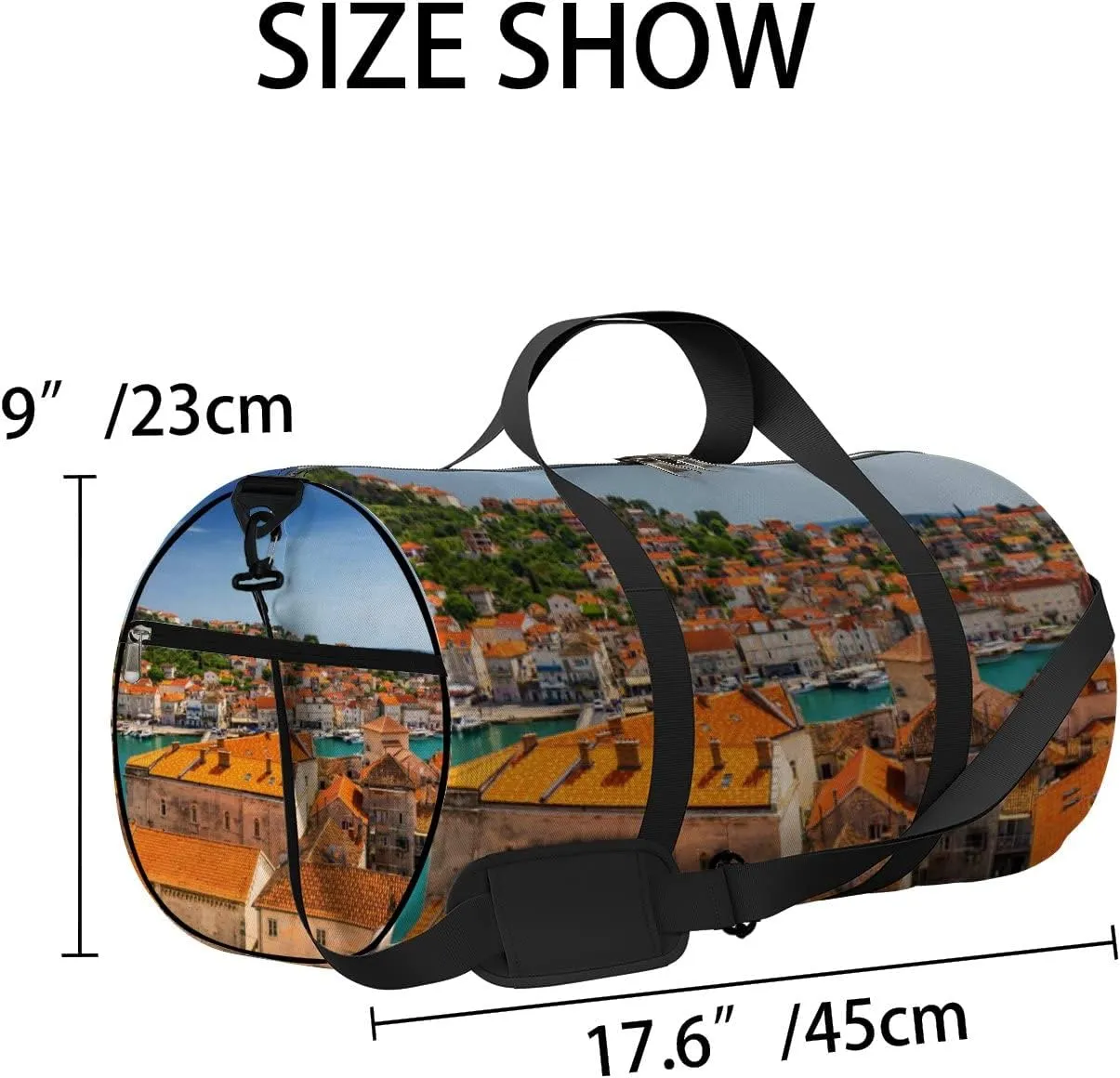 Orange View Town Trogir Old Touristic Place Sports Bag Tote Bag Waterproof Gym Bag with Shoulder Strap Zipper 2 Side Pockets for Men and Women, Travel and Storage Shoulder Bag.