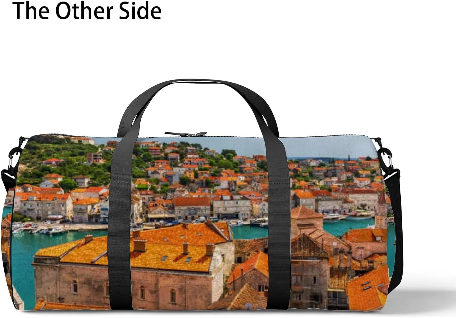 Orange View Town Trogir Old Touristic Place Sports Bag Tote Bag Waterproof Gym Bag with Shoulder Strap Zipper 2 Side Pockets for Men and Women, Travel and Storage Shoulder Bag.