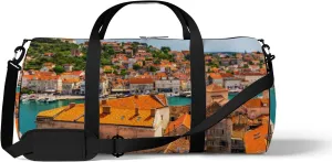 Orange View Town Trogir Old Touristic Place Sports Bag Tote Bag Waterproof Gym Bag with Shoulder Strap Zipper 2 Side Pockets for Men and Women, Travel and Storage Shoulder Bag.