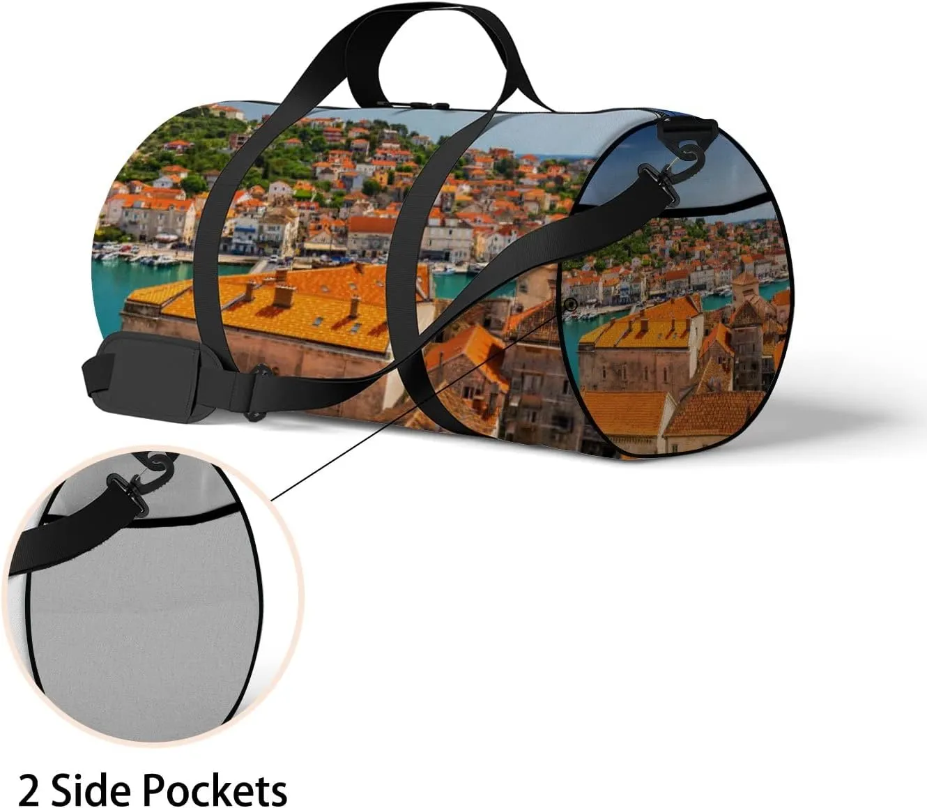Orange View Town Trogir Old Touristic Place Sports Bag Tote Bag Waterproof Gym Bag with Shoulder Strap Zipper 2 Side Pockets for Men and Women, Travel and Storage Shoulder Bag.