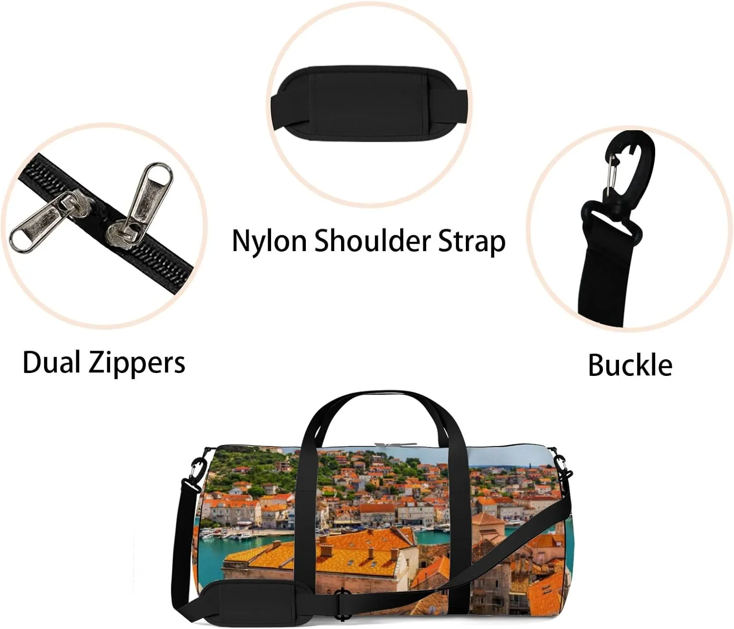 Orange View Town Trogir Old Touristic Place Sports Bag Tote Bag Waterproof Gym Bag with Shoulder Strap Zipper 2 Side Pockets for Men and Women, Travel and Storage Shoulder Bag.