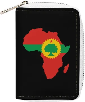 Oromo Flag on Africa Map RFID Credit Card Holder Zipper Card Case Small Leather Wallets Purse for Men Women