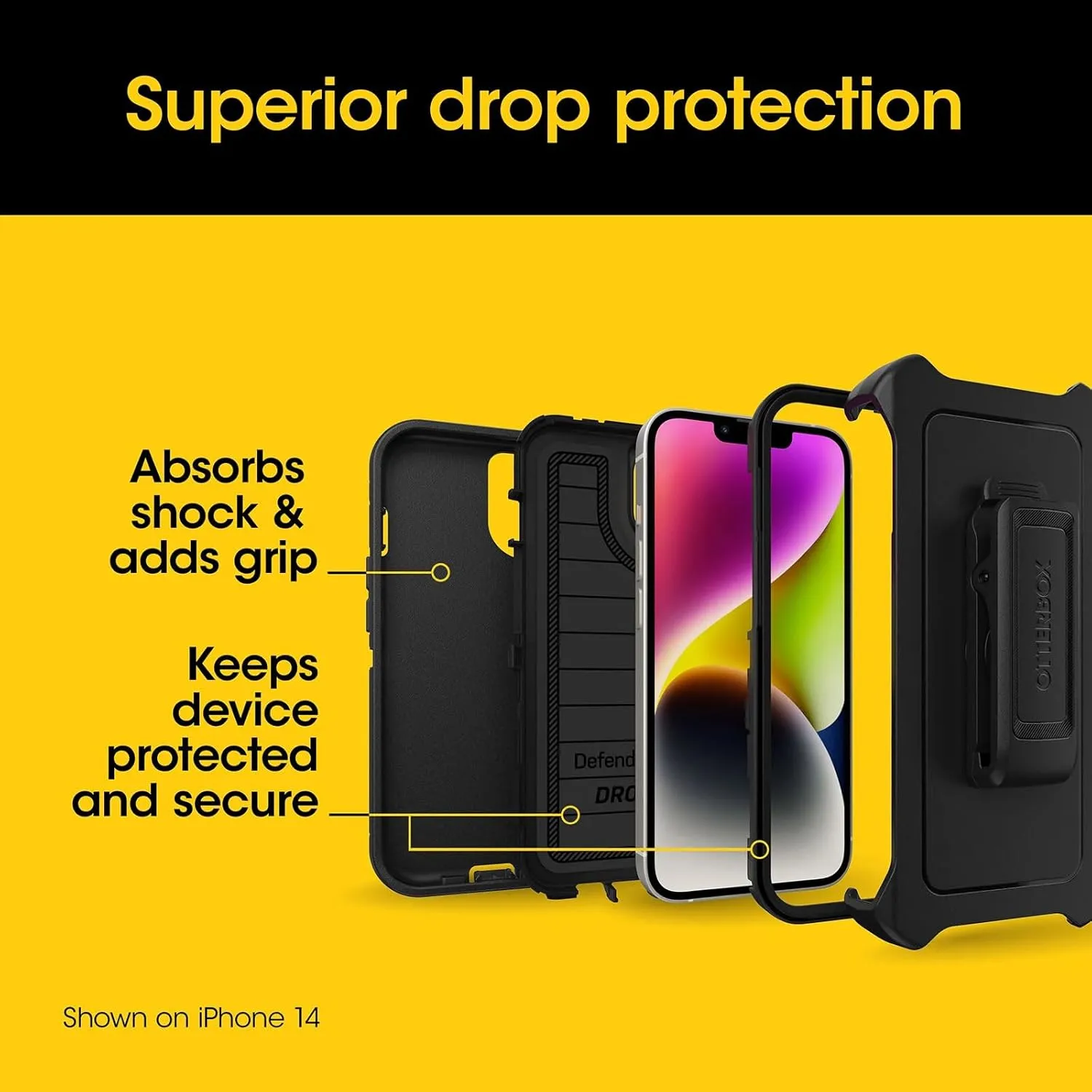 OtterBox iPhone 15, iPhone 14, and iPhone 13 Defender Series Case - Black, screenless, Rugged & Durable, with Port Protection, Includes Holster Clip Kickstand
