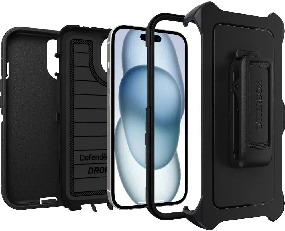 OtterBox iPhone 15, iPhone 14, and iPhone 13 Defender Series Case - Black, screenless, Rugged & Durable, with Port Protection, Includes Holster Clip Kickstand