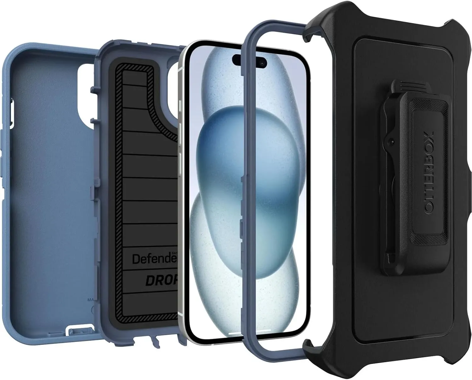 OtterBox iPhone 16e, iPhone 15, iPhone 14, & iPhone 13 (Only) Defender Series Case - Baby Blue Jeans - Rugged & Durable - with Port Protection - Holster Clip Includes - Microbial Defense Protection