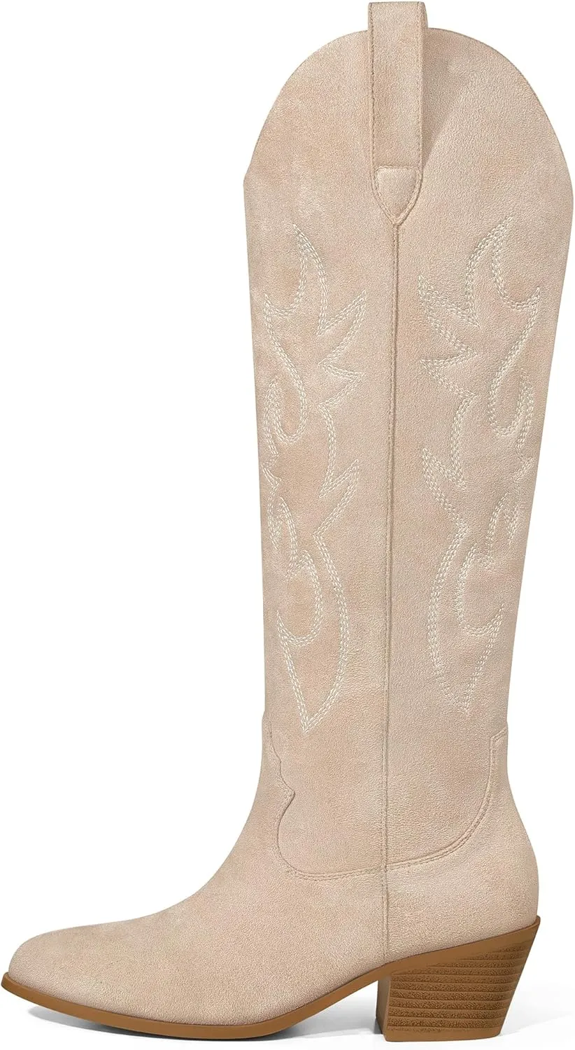 Ouepiano White Cowgirl Boots Women Cowboy Knee High Tall Boots Chunky Heel Pointed Toe Pull-On Western Wide Calf Boats Country Fashion
