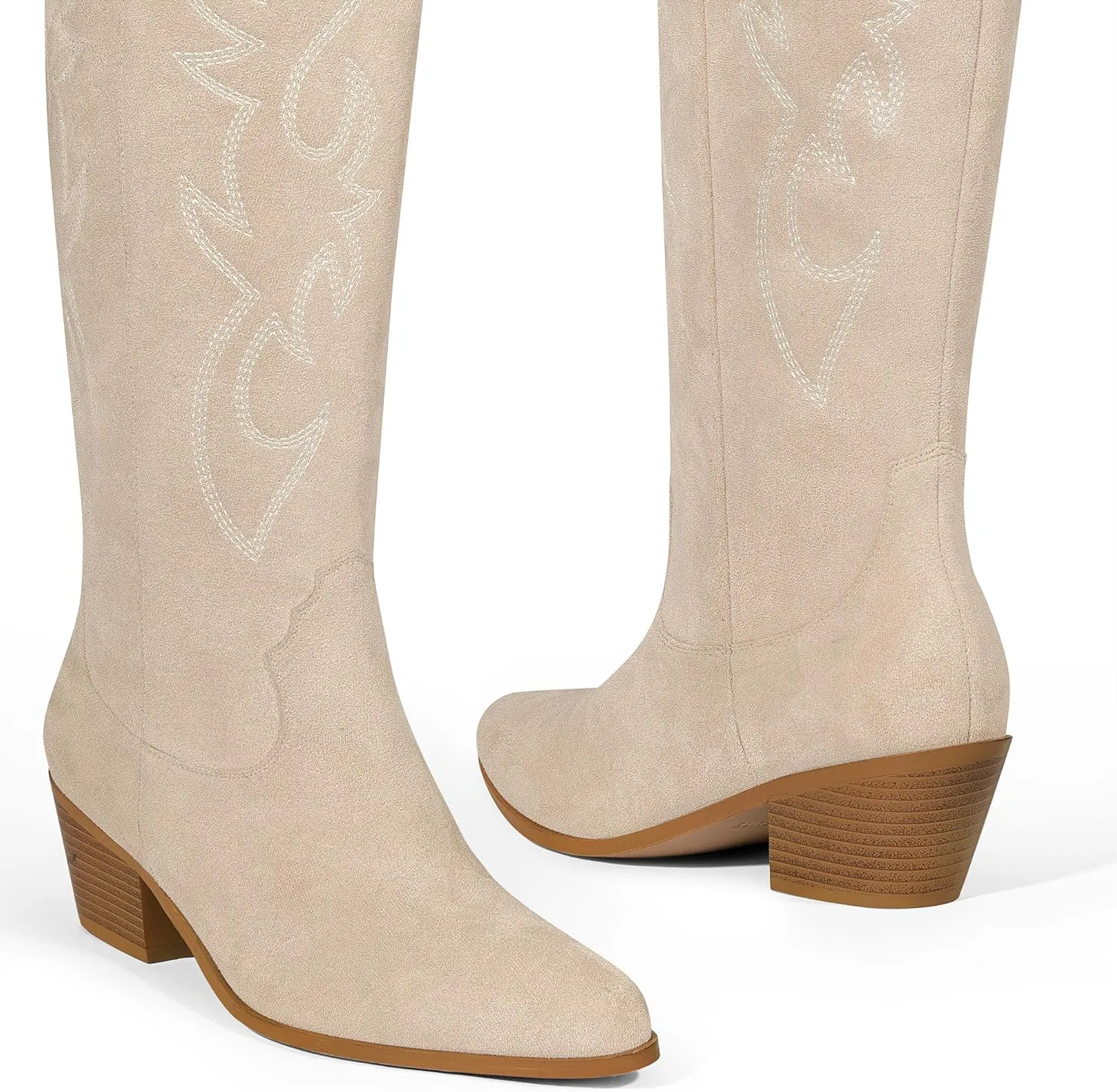 Ouepiano White Cowgirl Boots Women Cowboy Knee High Tall Boots Chunky Heel Pointed Toe Pull-On Western Wide Calf Boats Country Fashion