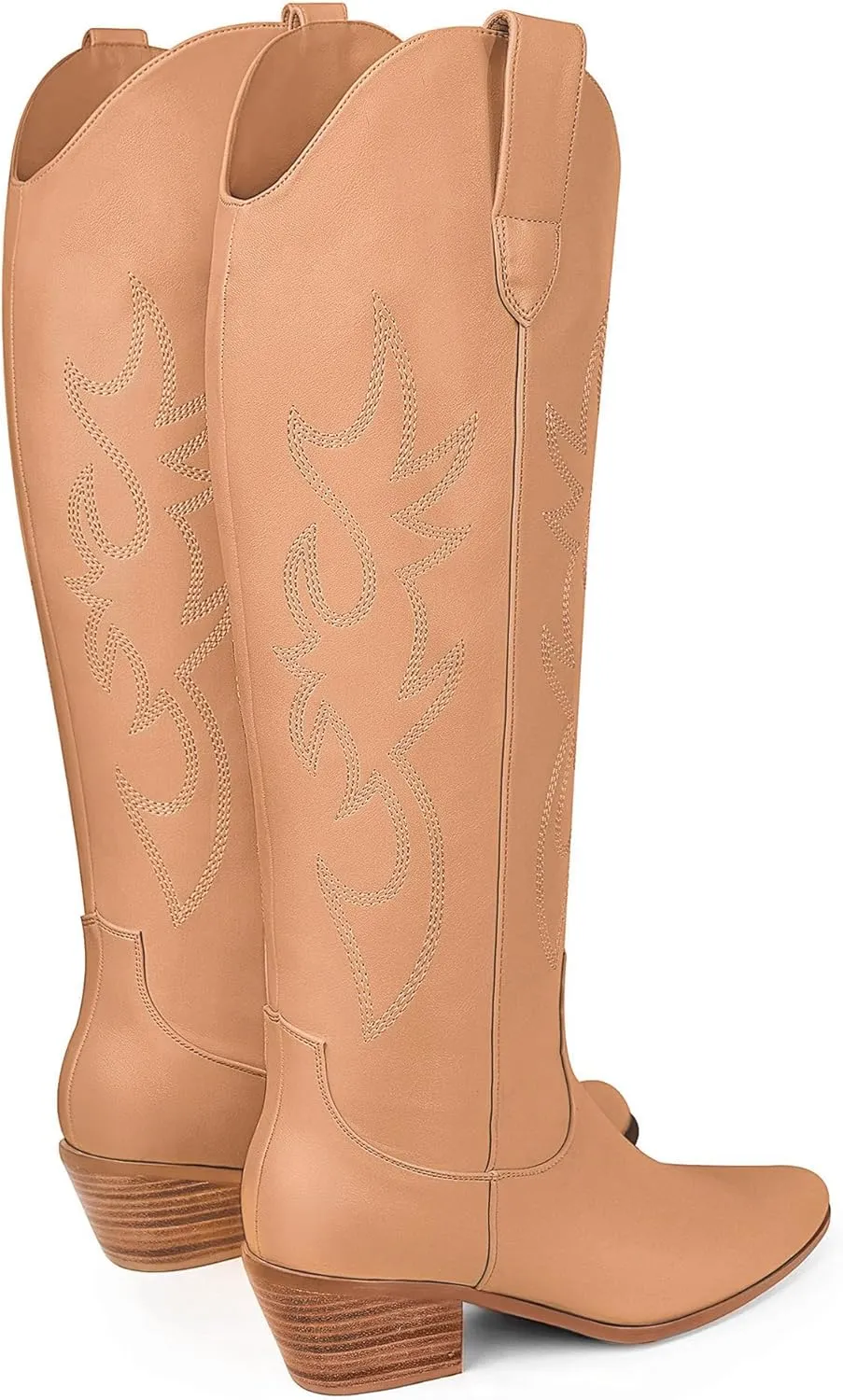 Ouepiano White Cowgirl Boots Women Cowboy Knee High Tall Boots Chunky Heel Pointed Toe Pull-On Western Wide Calf Boats Country Fashion