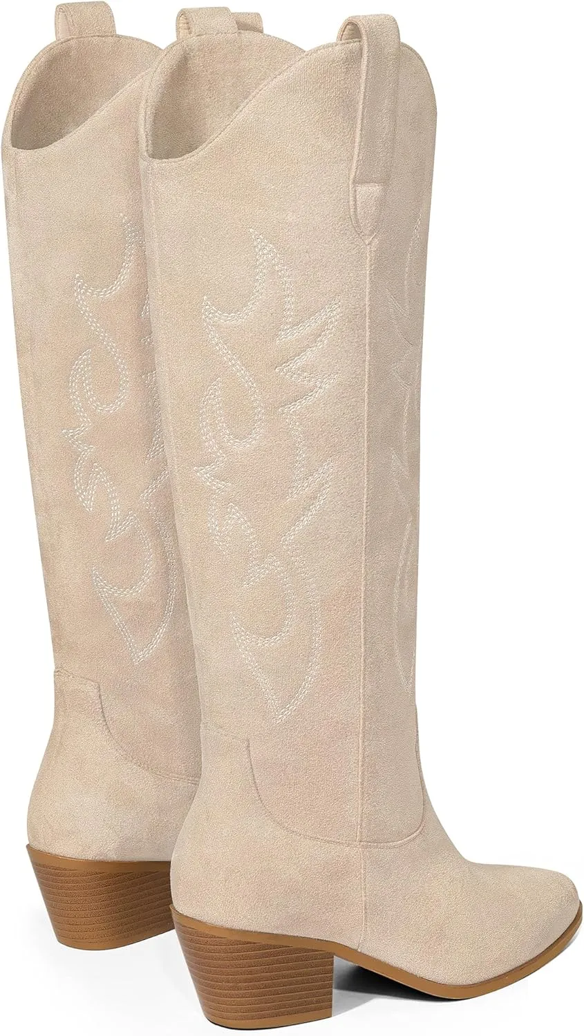 Ouepiano White Cowgirl Boots Women Cowboy Knee High Tall Boots Chunky Heel Pointed Toe Pull-On Western Wide Calf Boats Country Fashion