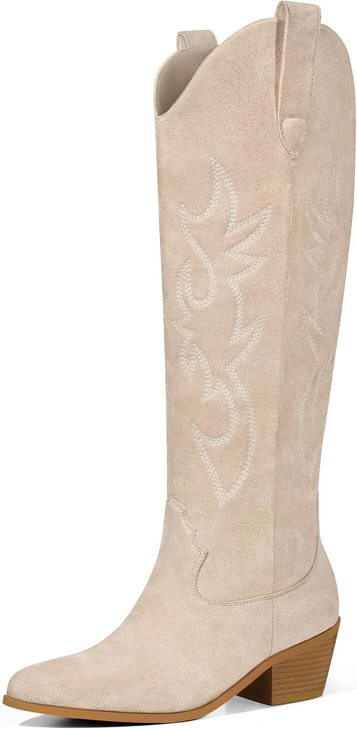 Ouepiano White Cowgirl Boots Women Cowboy Knee High Tall Boots Chunky Heel Pointed Toe Pull-On Western Wide Calf Boats Country Fashion