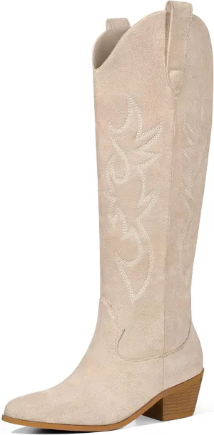 Ouepiano White Cowgirl Boots Women Cowboy Knee High Tall Boots Chunky Heel Pointed Toe Pull-On Western Wide Calf Boats Country Fashion