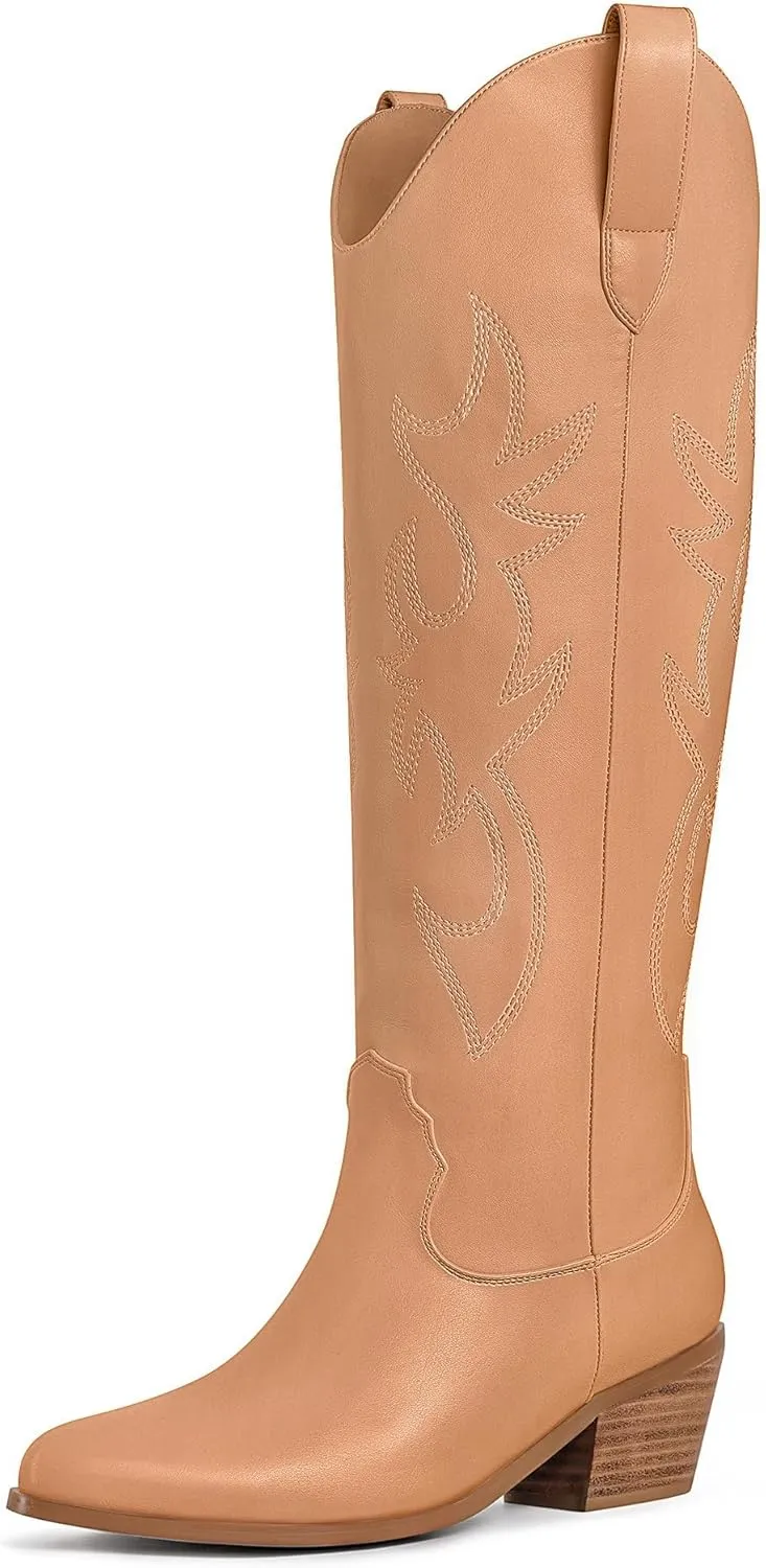 Ouepiano White Cowgirl Boots Women Cowboy Knee High Tall Boots Chunky Heel Pointed Toe Pull-On Western Wide Calf Boats Country Fashion