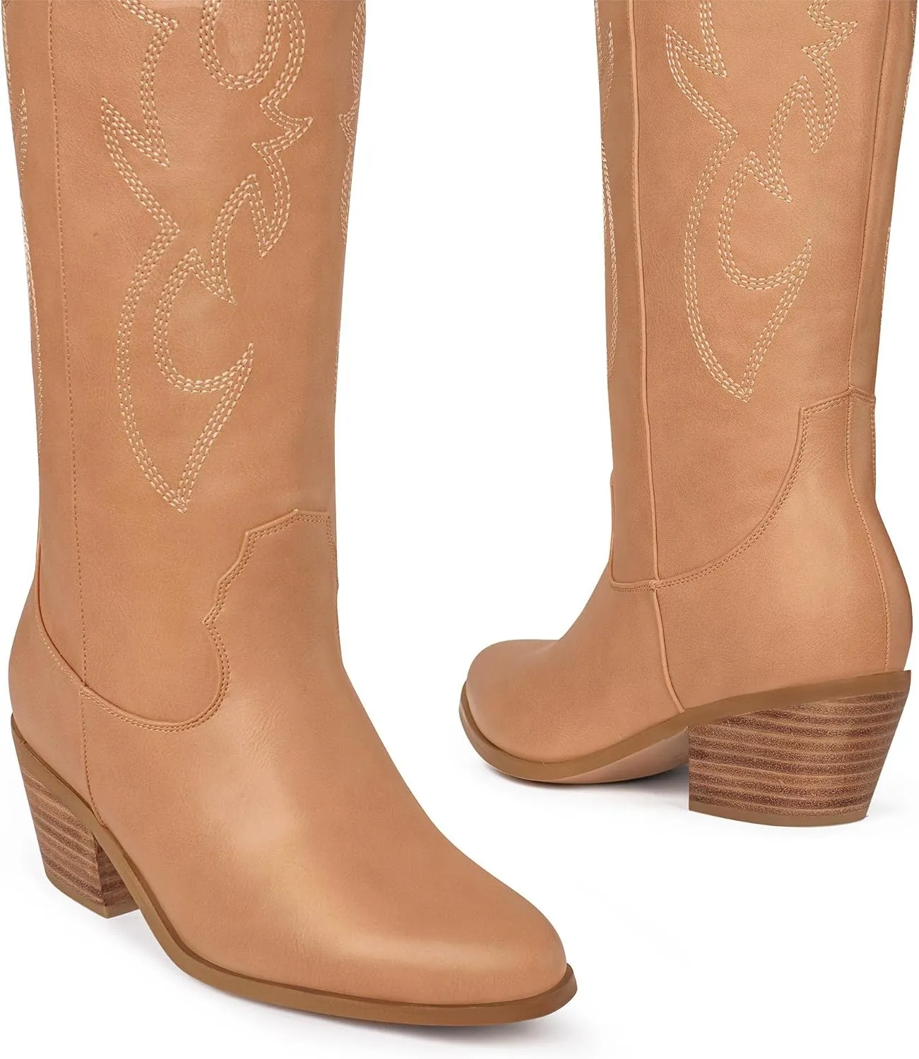 Ouepiano White Cowgirl Boots Women Cowboy Knee High Tall Boots Chunky Heel Pointed Toe Pull-On Western Wide Calf Boats Country Fashion