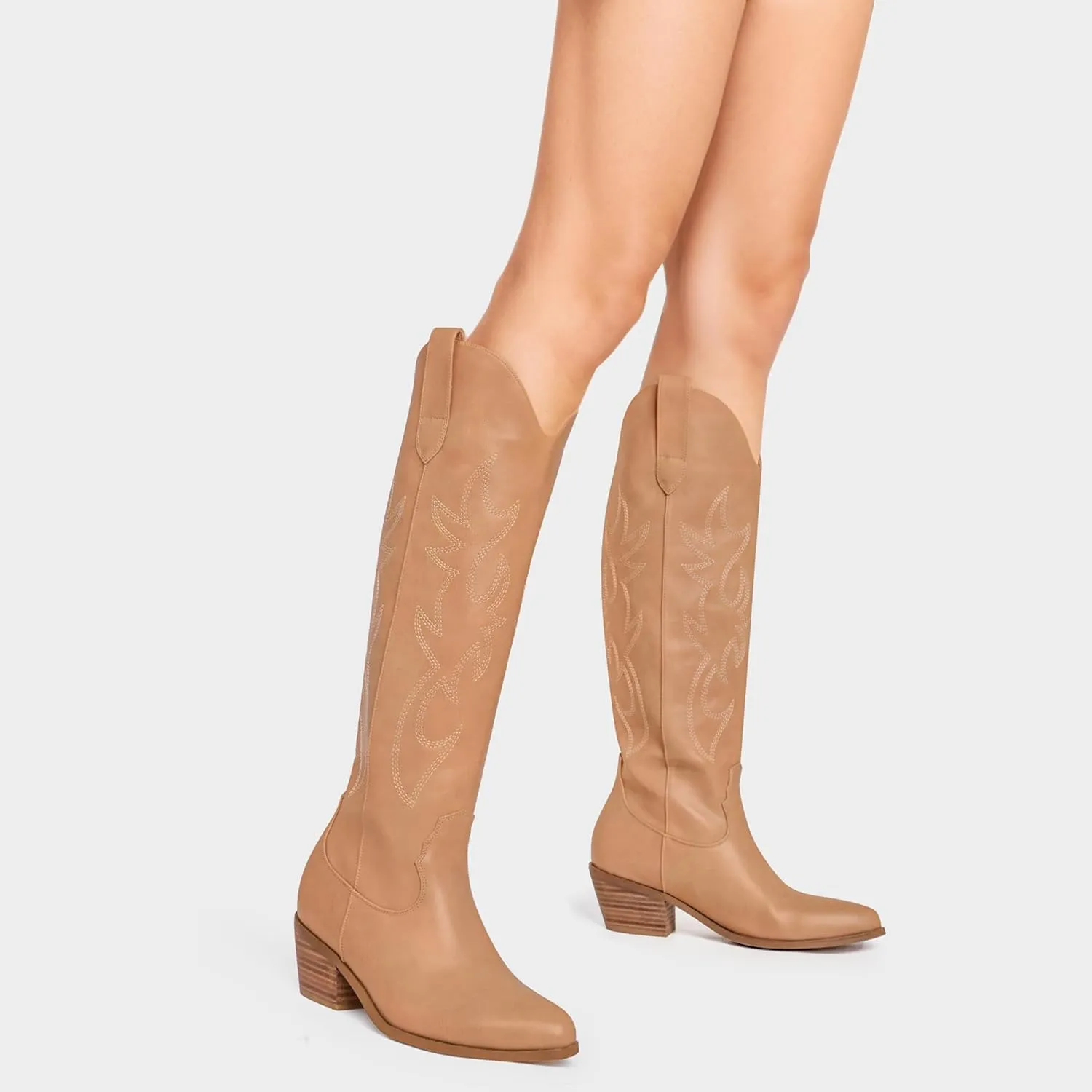 Ouepiano White Cowgirl Boots Women Cowboy Knee High Tall Boots Chunky Heel Pointed Toe Pull-On Western Wide Calf Boats Country Fashion