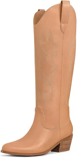 Ouepiano White Cowgirl Boots Women Cowboy Knee High Tall Boots Chunky Heel Pointed Toe Pull-On Western Wide Calf Boats Country Fashion