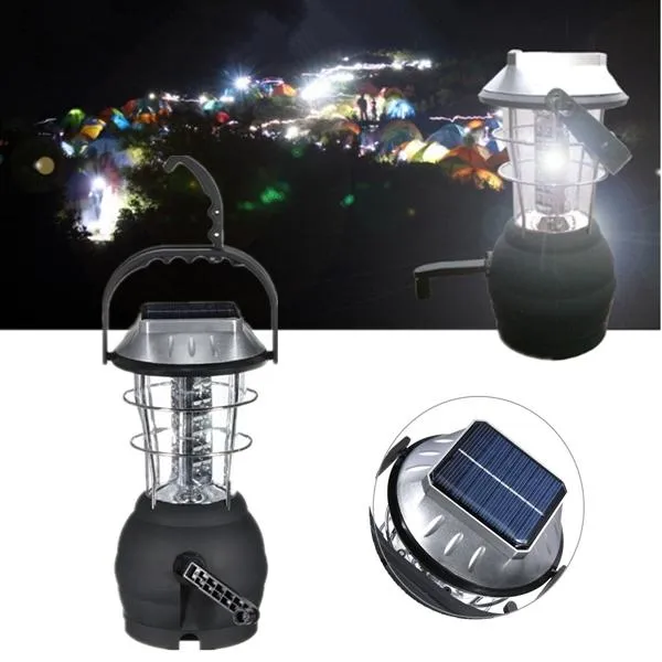Outdoor 36 LEDS Solar Light Lantern Rechargeable Tent Lamp Hand Crank Dynamo for Camping Hiking Black